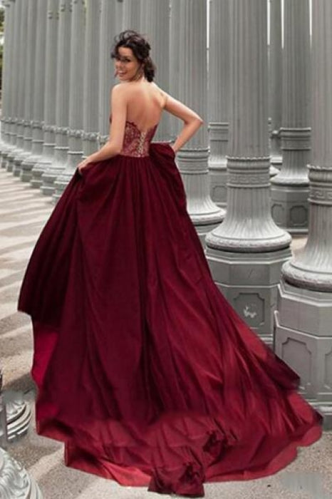 A-Line Strapless Burgundy Long Prom With Lace Charming Evening Dress - Prom Dresses