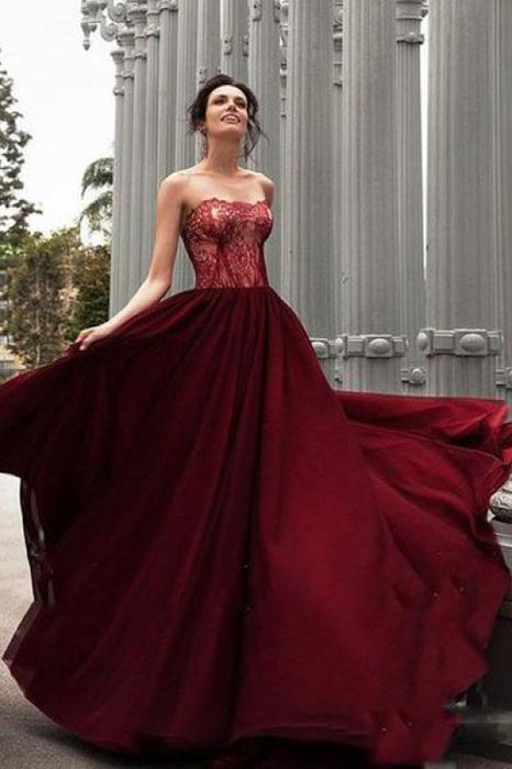 A-Line Strapless Burgundy Long Prom With Lace Charming Evening Dress - Prom Dresses