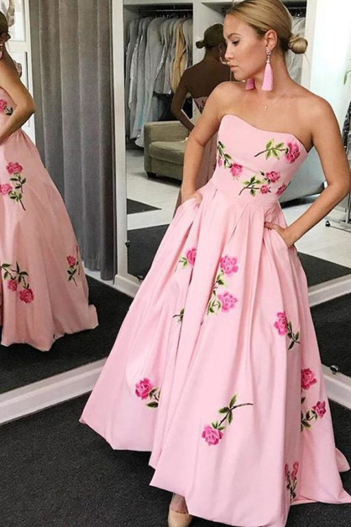 A Line Strapless Floor Length Printed Prom Dress Long Floral Evening Dresses - Prom Dresses