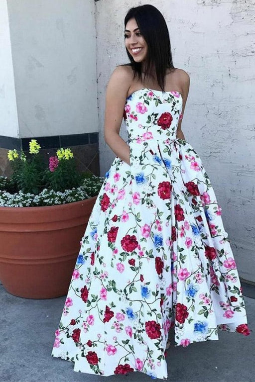 A-Line Strapless High Low White Printed Prom with Pockets Floral Party Dress - Prom Dresses