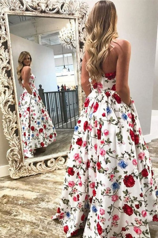 A-Line Strapless High Low White Printed Prom with Pockets Floral Party Dress - Prom Dresses