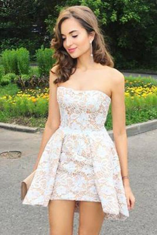 A-line Strapless Mini Lace Homecoming Short Grad Dress Sexy Junior Dresses - Prom Dresses
