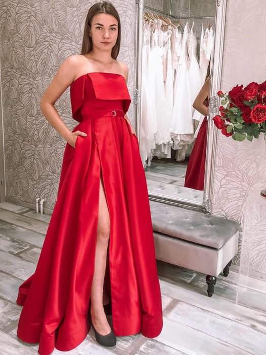 A Line Strapless Red Satin Long Prom Dresses with Pocket, High Slit Re Bridelily A Line Strapless Red Satin Long Prom Dresses with Pocket, High Slit Re Bridelily