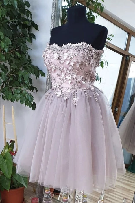 A Line Strapless Short Tulle Homecoming Dress with Lace Mini Cute Prom Gown - Prom Dresses