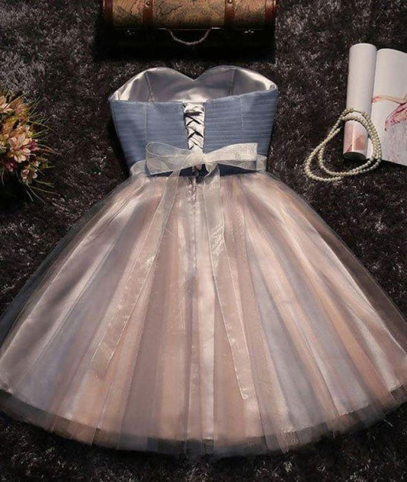 A-line Strapless Short Tulle Sash Homecoming Cocktail Party Dresses for Teens - Prom Dresses