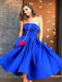 A Line Strapless Tea Length Royal Blue Satin Prom Dresses with Pockets, Royal Blue Homecoming Dresses, Formal Dresses, Evening Dresses