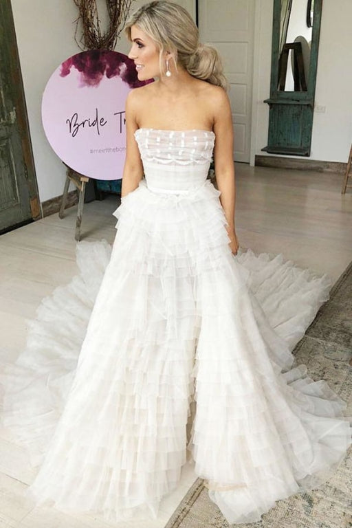 A-Line Strapless Tiered Court Train Ivory Tulle Beach Wedding Dress - Wedding Dresses