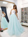 A Line Strapless Two Pieces Floor Length Lace Light Blue Prom Dresses, Blue Formal Dresses