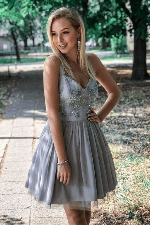 A-Line Straps Above-Knee Ruched Homecoming Dress with Appliques Beadings - Prom Dresses