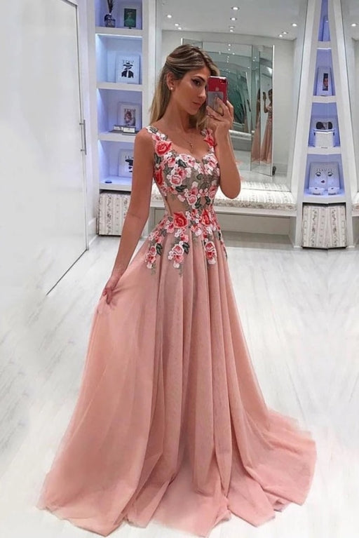 A Line Straps Appliqued Prom Dress Cheap Sweep Train Tulle Evening Dresses - Prom Dresses