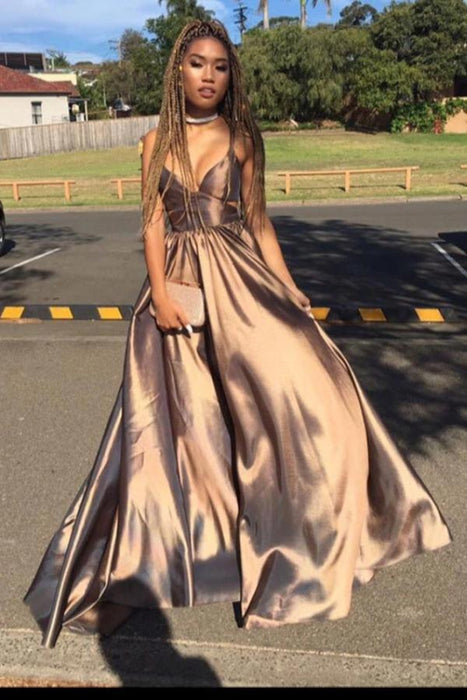 A Line Straps Floor Length Deep V Neck Sleeveless Long Prom Dress - Prom Dresses