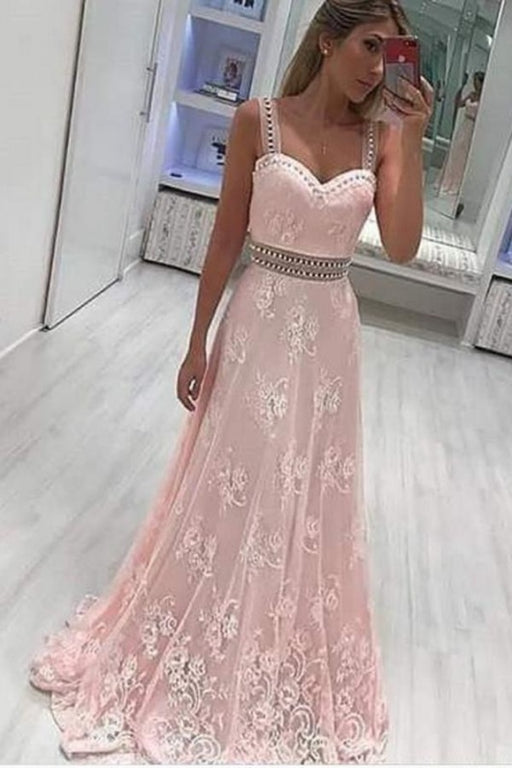 A Line Straps Lace Appliqued Prom Dress with Beads Light Pink Long Party Dresses - Prom Dresses