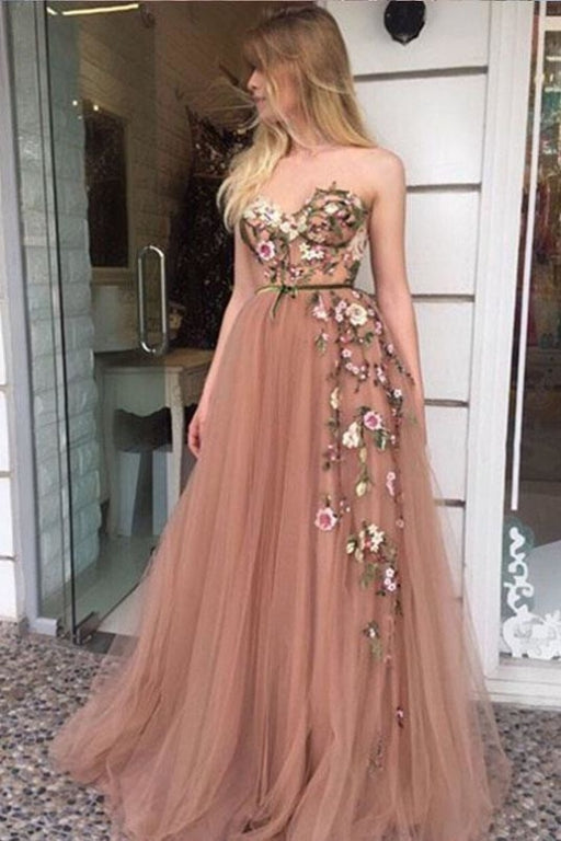 A-Line Sweetheart Floor Length Prom with Appliques Cheap Tulle Formal Dress - Prom Dresses