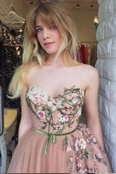 A-Line Sweetheart Floor Length Prom with Appliques Cheap Tulle Formal Dress - Prom Dresses