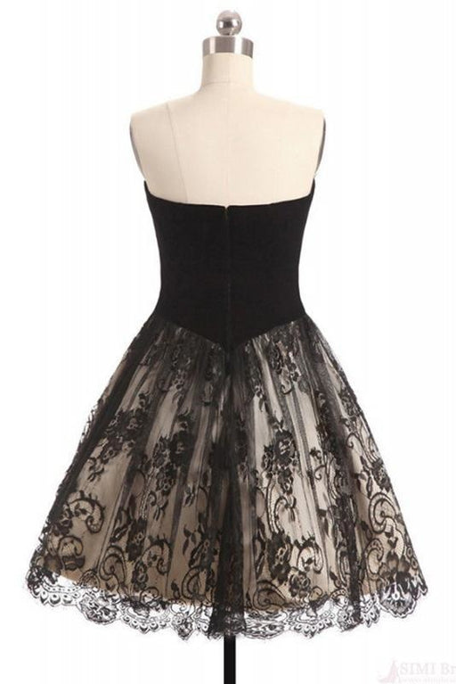 A Line Sweetheart Lace Homecoming Dress Black Short Strapless Prom Dresses - Prom Dresses