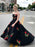A Line Sweetheart Neck Satin Black Long Prom Dresses with Embroidery Flowers, Black Formal Dresses