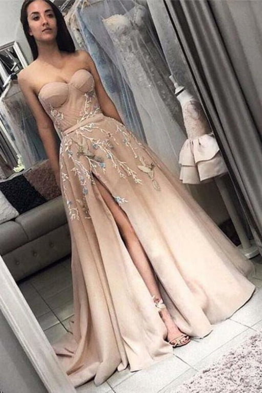A Line Sweetheart Prom with Side Slit Long Appliques Party Dresses - Prom Dresses