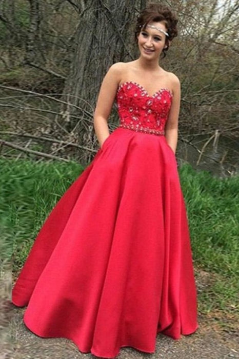 A Line Sweetheart Satin Prom with Beading Floor Length Strapless Formal Dress - Prom Dresses
