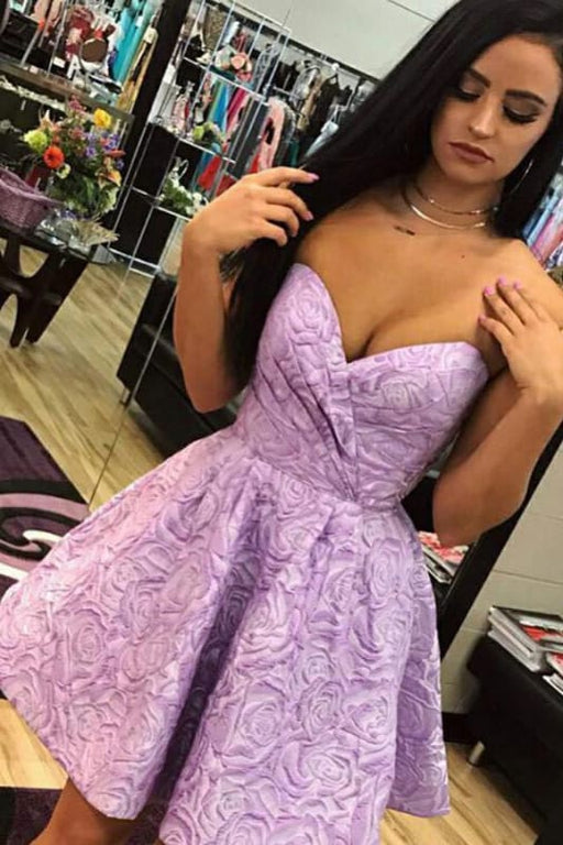 A-Line Sweetheart Short Lilac Printed Homecoming with Ruched Sexy Prom Dress - Prom Dresses