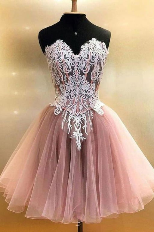 A Line Sweetheart Tulle Homecoming with Lace Appliques Cute Short Prom Dress - Prom Dresses