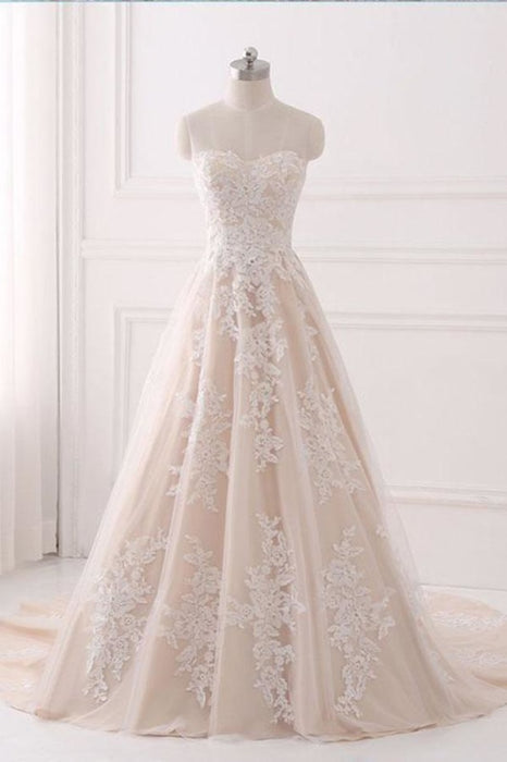 A Line Sweetheart Tulle Wedding Dress with Appliques Strapless Prom Dresses - Prom Dresses