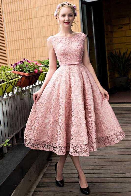 A Line Scoop Tea Length Pink Lace Prom Dress LBQ0910 main image 1
