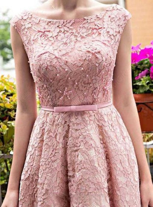 A-line Tea-length Pink Lace Homecoming Cute Graduation Dresses Short Prom Dress - Prom Dresses