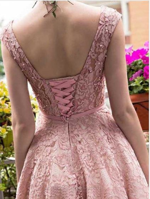 A-line Tea-length Pink Lace Homecoming Cute Graduation Dresses Short Prom Dress - Prom Dresses