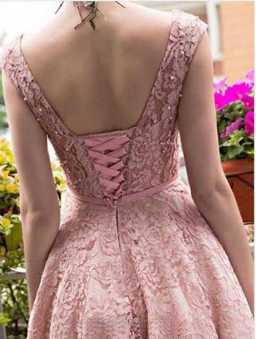 A-line Tea-length Pink Lace Homecoming Cute Graduation Dresses Short Prom Dress - Prom Dresses