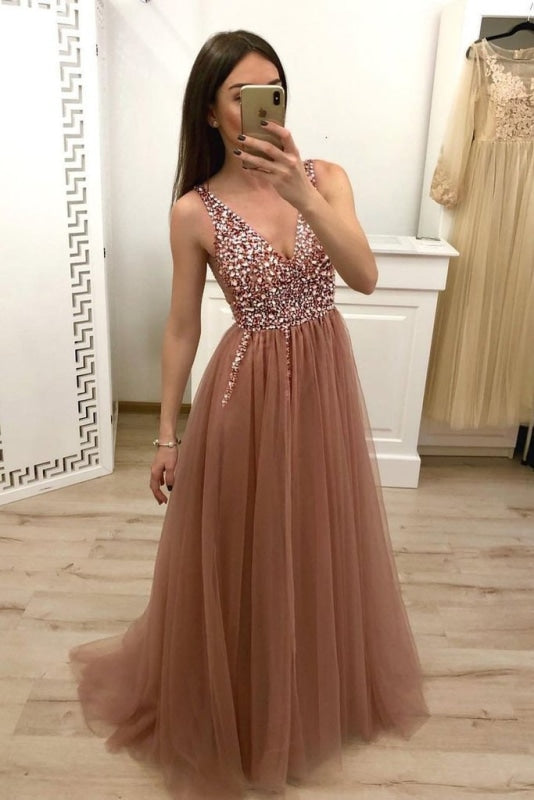 A Line Tulle Beading Dress with Rhinestones Cheap Sleeveless Long Prom Dresses - Prom Dresses
