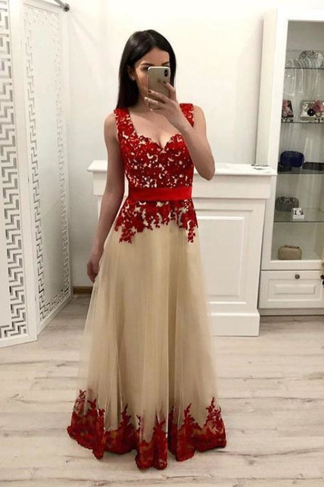 A Line Tulle Prom with Red Lace Appliques Floor Length Senior Dance Dress - Prom Dresses