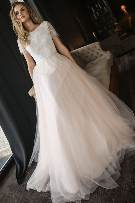 A Line Tulle Short Sleeves Elegant Beach Wedding Dress - Wedding Dresses