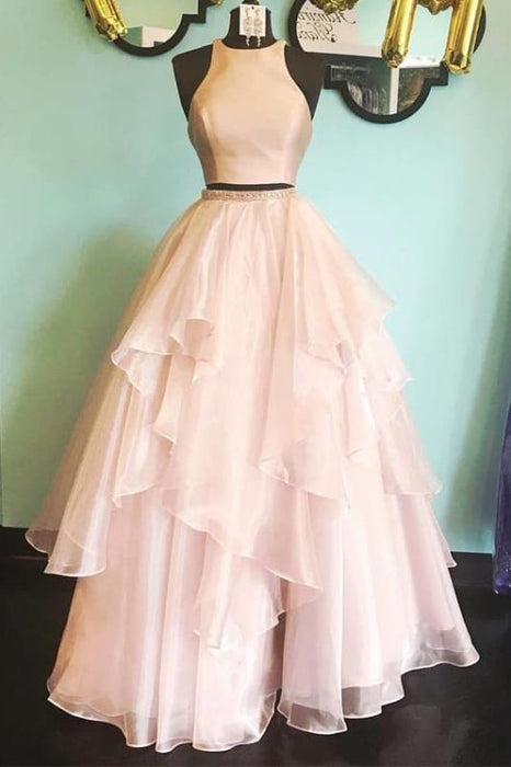 A-line Two Piece Peach Pink Cute Long Prom Dresses Cheap - Bridelily A-line Two Piece Peach Pink Cute Long Prom Dresses Cheap - Bridelily