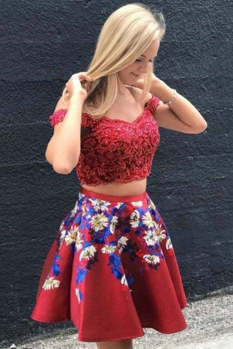 A Line Two Piece Red Off Shoulder Lace Applique Floral Short Homecoming Dresses - Prom Dresses