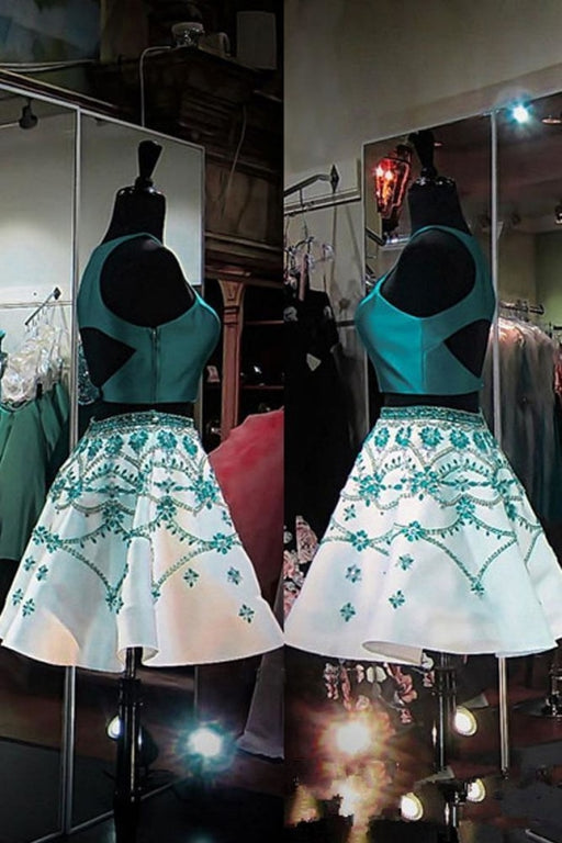 A Line Two Piece Turquoise Homecoming with Beading Formal Short Prom Dresses - Prom Dresses