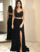A Line Two Pieces Lace Black Long Prom Dresses with Slit, Two Pieces Black Formal Dresses, Lace Black Evening Dresses