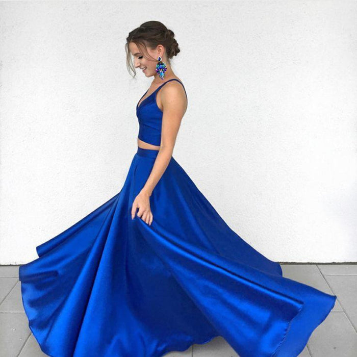 A Line Two Pieces Royal Blue Long Prom, Royal Blue Two Pieces Formal, — Bridelily