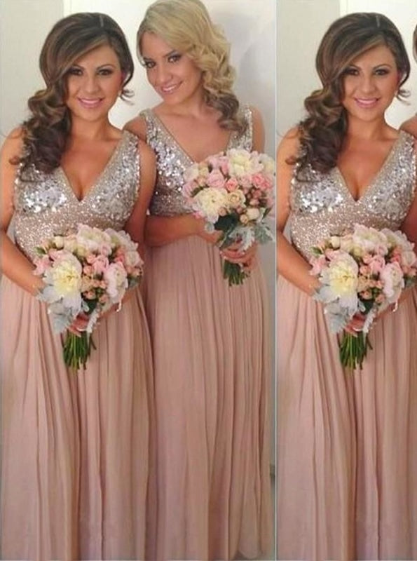 A-Line V-Nack Floor-Length Empire Pink Chiffon Bridesmaid Dress - Bridesmaid Dresses