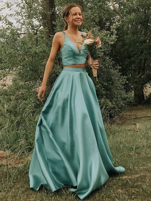 A Line V Neck 2 Pieces Green Satin Long Prom, Two Pieces Green Long Fo Bridelily A Line V Neck 2 Pieces Green Satin Long Prom, Two Pieces Green Long Fo Bridelily