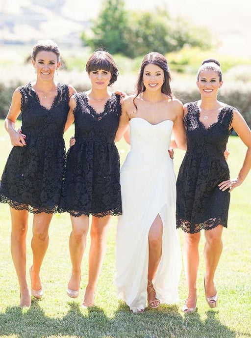 A-Line V-Neck Above Knee Black Lace Bridesmaid Dress - Bridesmaid Dresses