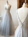 A Line V Neck and V Back Beaded Gray Long Prom Dresses, V Neck Open Back Grey Formal Dresses, Gray Evening Dresses