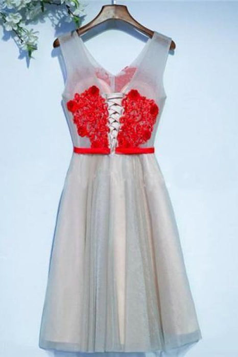 A Line V-neck Appliqued Homecoming Short Party Dresses with Flowers - Prom Dresses