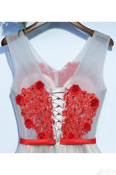 A Line V-neck Appliqued Homecoming Short Party Dresses with Flowers - Prom Dresses