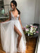 A Line V Neck Backless Beaded Ivory Prom Dresses Wedding Dresses with High Slit, Backless Ivory Formal Dresses, Evening Dresses