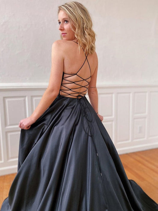 A Line V Neck Backless Black Long Prom, Backless Black Formal, Black E Bridelily A Line V Neck Backless Black Long Prom, Backless Black Formal, Black E Bridelily