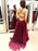A Line V Neck Backless Burgundy Chiffon Long Prom Dresses with Pocket, Backless Burgundy Formal Graduation Evening Dresses