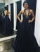 A Line V neck Backless Lace Black Prom Dresses with Pockets, Black Formal Dresses, Evening Dresses