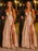 A Line V Neck Backless Lace Champagne Long Prom Dresses with Leg Slit, Backless Formal Dresses, Lace Graduation Evening Dresses