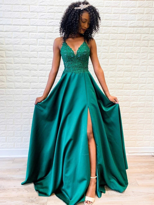 A Line V Neck Backless Lace Green Prom with Split, Backless Green Lace Bridelily A Line V Neck Backless Lace Green Prom with Split, Backless Green Lace Bridelily