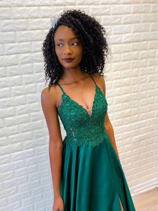 A Line V Neck Backless Lace Green Prom with Split, Backless Green Lace Bridelily A Line V Neck Backless Lace Green Prom with Split, Backless Green Lace Bridelily